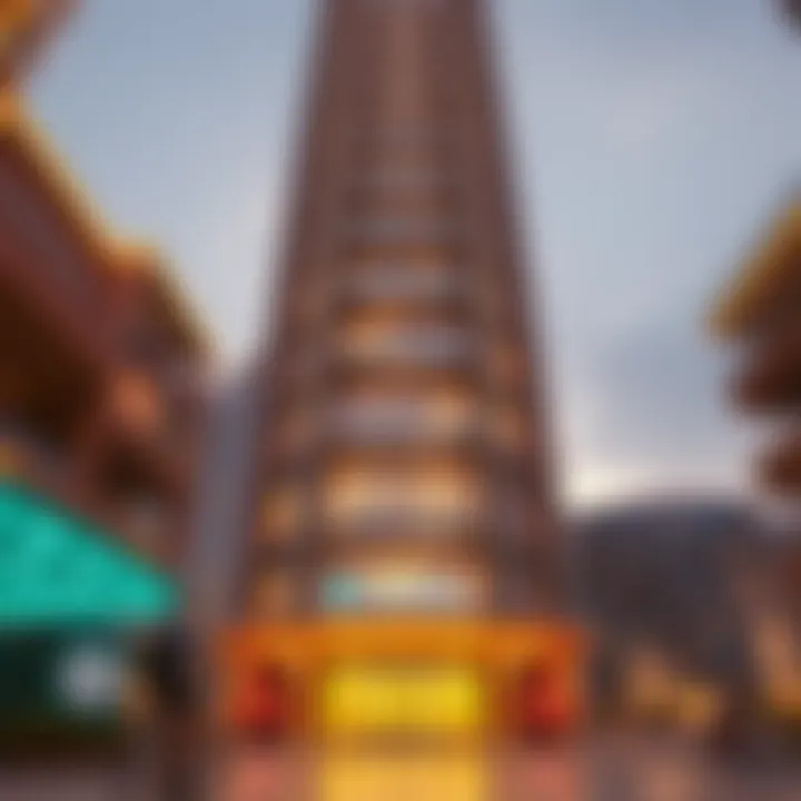 Ground-Level Perspective of Al Nahda Mai Tower Stunning view of Al Nahda Mai Tower from the ground level