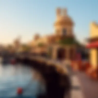 The vibrant Al Seef waterfront lined with cafes and shops reflecting the cultural heritage of Dubai.