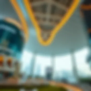 A stunning view of Bay Avenue Mall's modern architecture against the Dubai skyline.