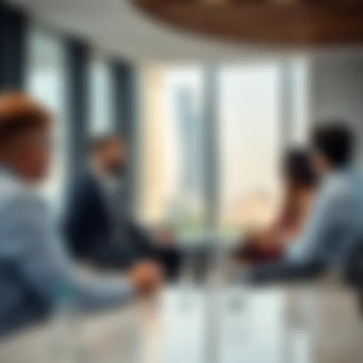 Investors discussing opportunities in a contemporary office within Business Bay.