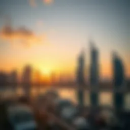 Stunning skyline view of Business Bay residential towers at sunset