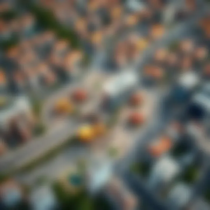 An aerial view of a city layout highlighting various play points and their role in community connectivity.