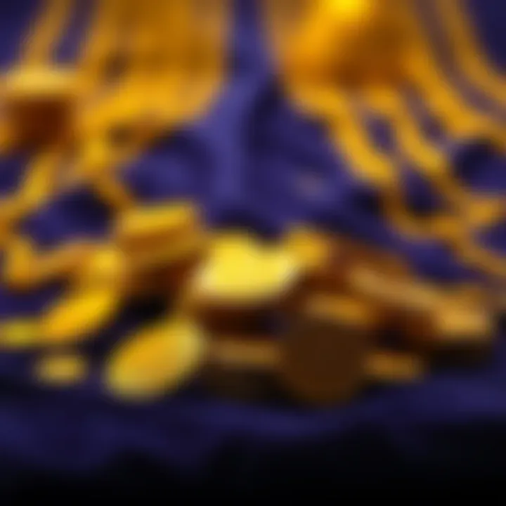 A luxurious display of gold coins on a velvet background