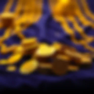 Opulent Display: Gold Coins on Velvet A luxurious display of gold coins on a velvet background