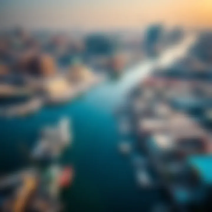 An aerial perspective of the Dubai Creek area highlighting its blend of historical and contemporary architecture.