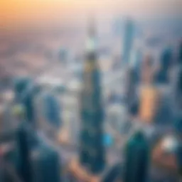 Aerial view of Dunya Tower showcasing its stunning architecture amidst Dubai's skyline