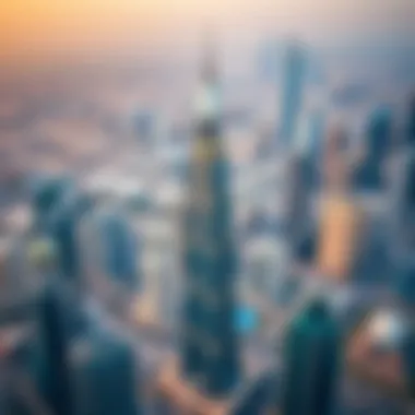 Aerial view of Dunya Tower showcasing its stunning architecture amidst Dubai's skyline