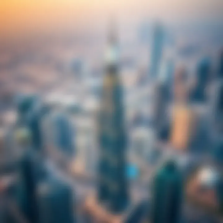 Aerial view of Dunya Tower showcasing its stunning architecture amidst Dubai's skyline