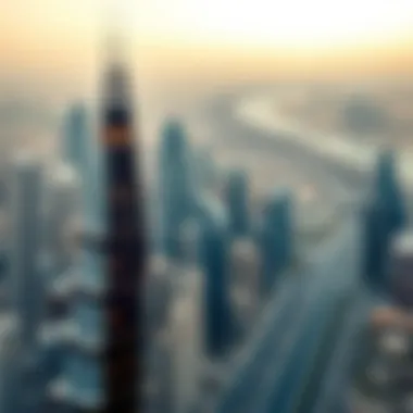 Aerial view of Dunya Tower Downtown in the context of the Dubai skyline