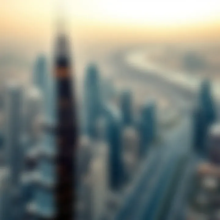 Aerial view of Dunya Tower Downtown in the context of the Dubai skyline