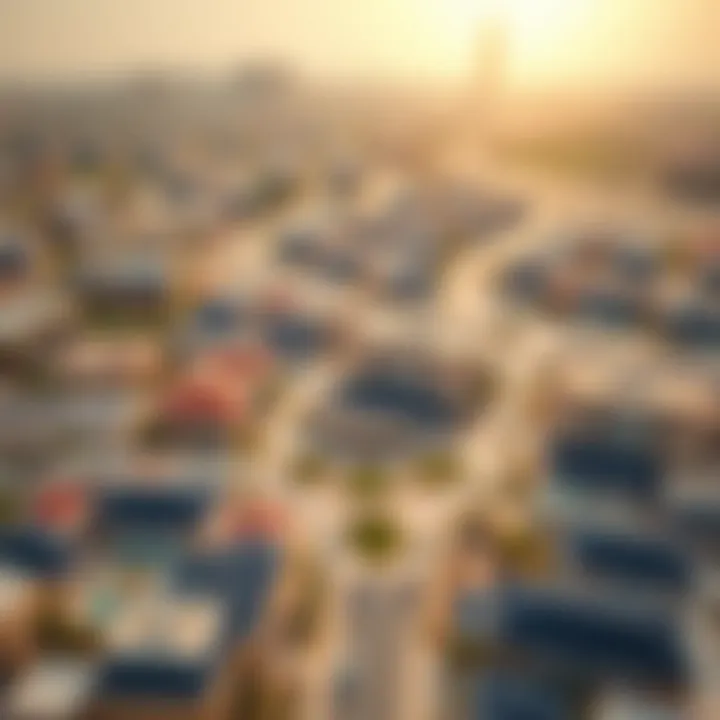 Aerial View of Educational Institutions Near International City Aerial view of International City showcasing its vibrant community and educational facilities.