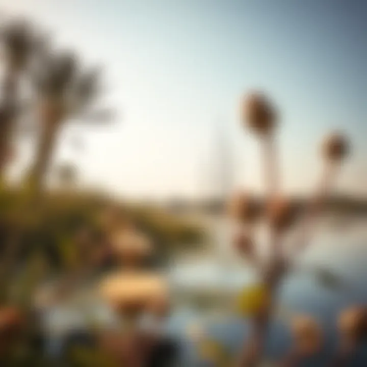 Biodiversity around Al Qudra Love Lake with native flora and fauna.