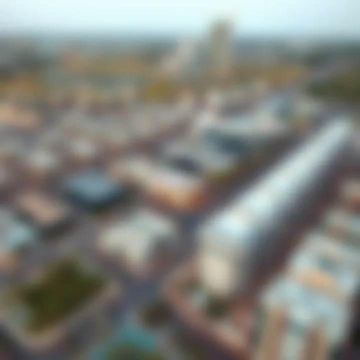 Aerial view of the surrounding area highlighting commercial developments