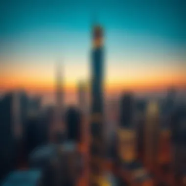 Aerial view of Coral Tower illuminating Dubai's skyline at sunset