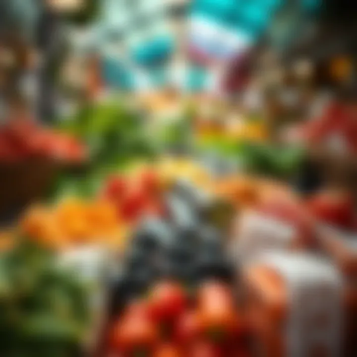 A vibrant market scene highlighting fresh ingredients used in Gate Village cuisines.