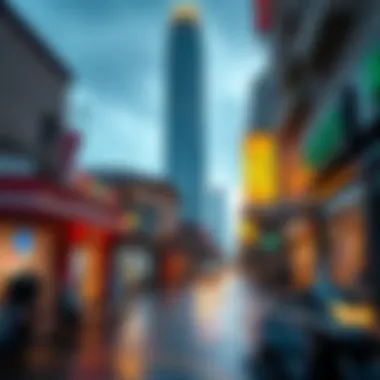 Vibrant streetscape around Tower Two, highlighting urban life