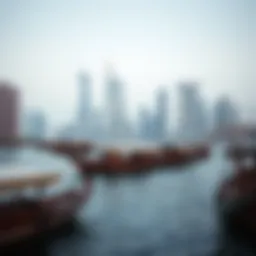 A panoramic view of Dubai Creek showcasing traditional dhows against a backdrop of modern skyscrapers.