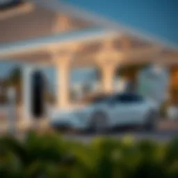 A sleek electric car parked at a modern charging station in the UAE