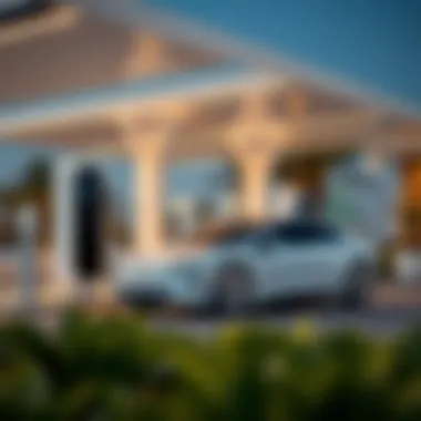 A sleek electric car parked at a modern charging station in the UAE