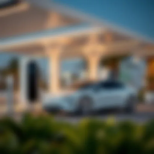 A sleek electric car parked at a modern charging station in the UAE