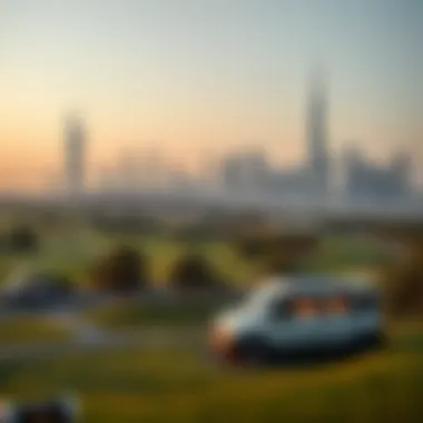 A picturesque view of Dubai's skyline with golf courses in the foreground