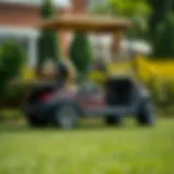 An elegant golf car parked on a manicured green lawn