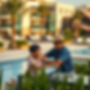 Residents enjoying community amenities including pools and recreational areas