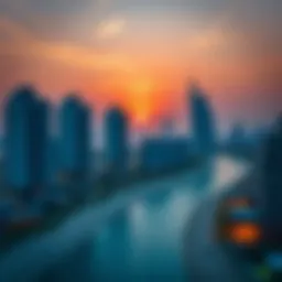 Stunning view of Jumeirah Beach Residence skyline at sunset