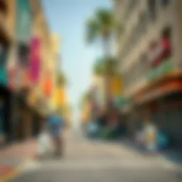 A vibrant commercial street scene in Al Qusais showcasing diverse shops