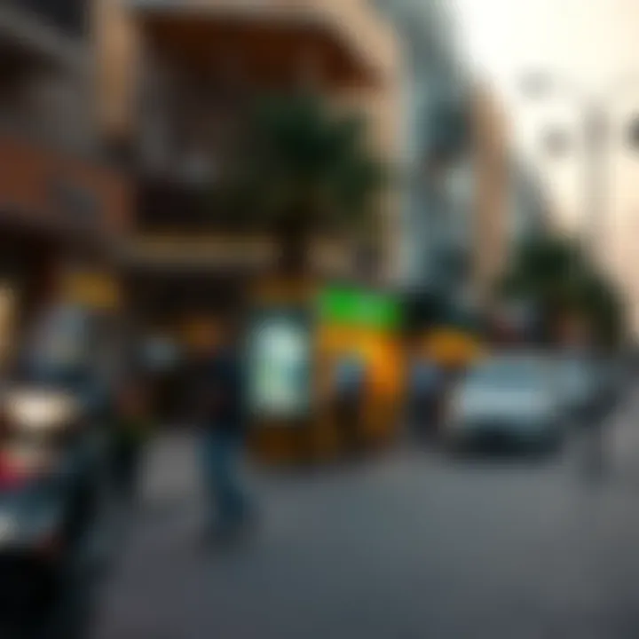 A vibrant street scene in Al Quoz Four highlighting local amenities and cultural spots