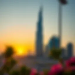 Architectural view of Gulf Pearl Tower at sunset