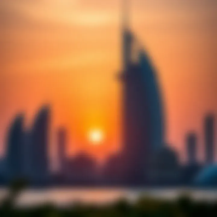 Sunset over Dubai's horizon with modern towers