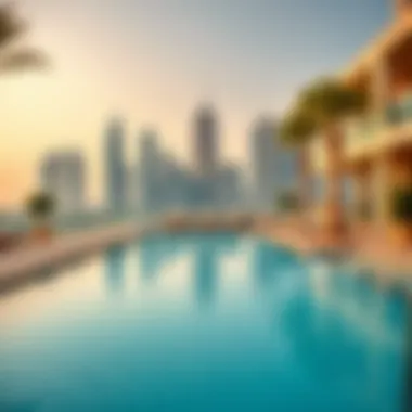 Outdoor pool with city skyline backdrop