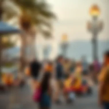 Visitors enjoying leisure activities at the Fountain Boardwalk
