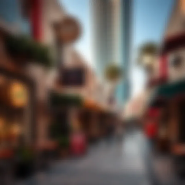 Neighborhood Dynamics in Occidental Dubai Vibrant neighborhood street in Occidental Dubai filled with shops and cafes