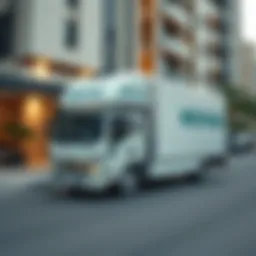 A modern moving truck parked outside a luxury apartment in Dubai, ready for relocation.