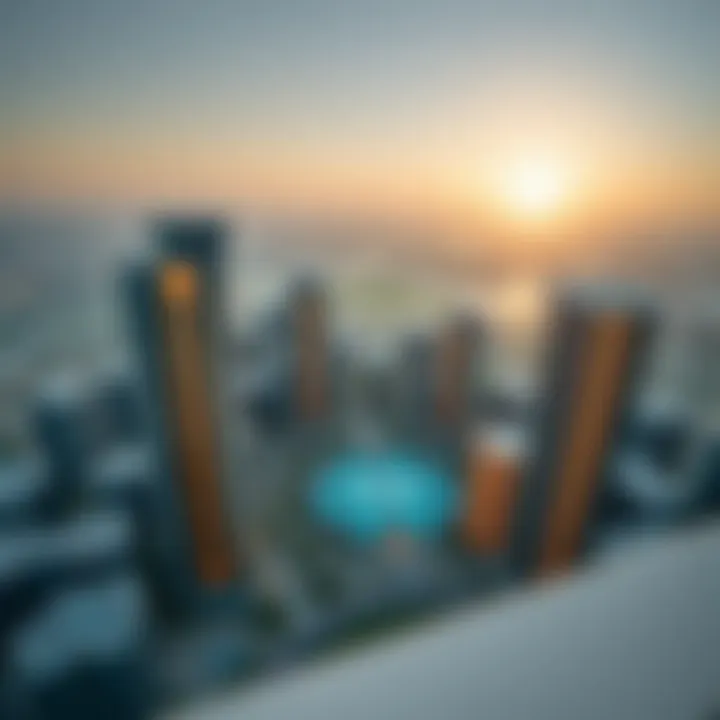 Panoramic view of Jumeirah Village Circle surrounding Oudah Tower