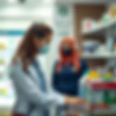 Customer Service at a Pharmacy in Damac Hills 2 Pharmacy staff assisting a customer with healthcare products