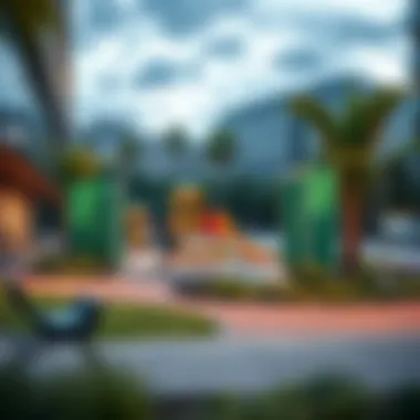 A vibrant play point integrated into an urban landscape showcasing community interaction and green spaces.