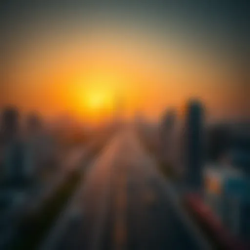 Aerial view of Sheikh Mohammed Bin Zayed Road at sunset, showcasing the cityscape.