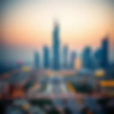 A skyline view of Dubai featuring the Al Sarraf Building as a significant landmark