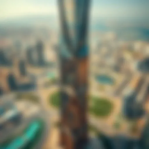 Aerial view of DaVinci Tower showcasing its unique architectural design