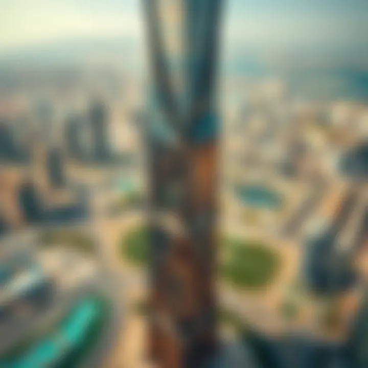 Aerial view of DaVinci Tower showcasing its unique architectural design