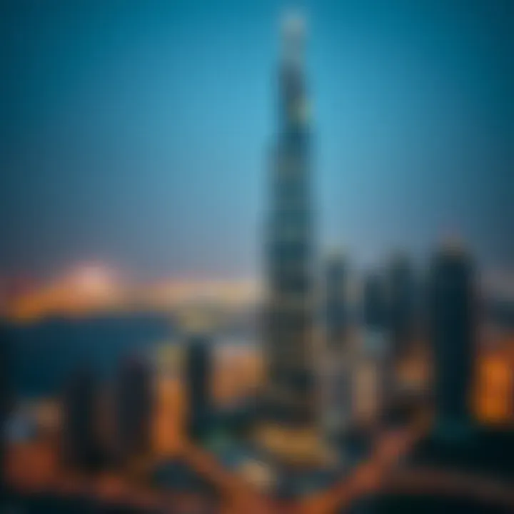 Night view of DaVinci Tower illuminated against the Dubai skyline