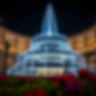 The Fontane illuminated at night, highlighting its significance in Dubai's cultural landscape.