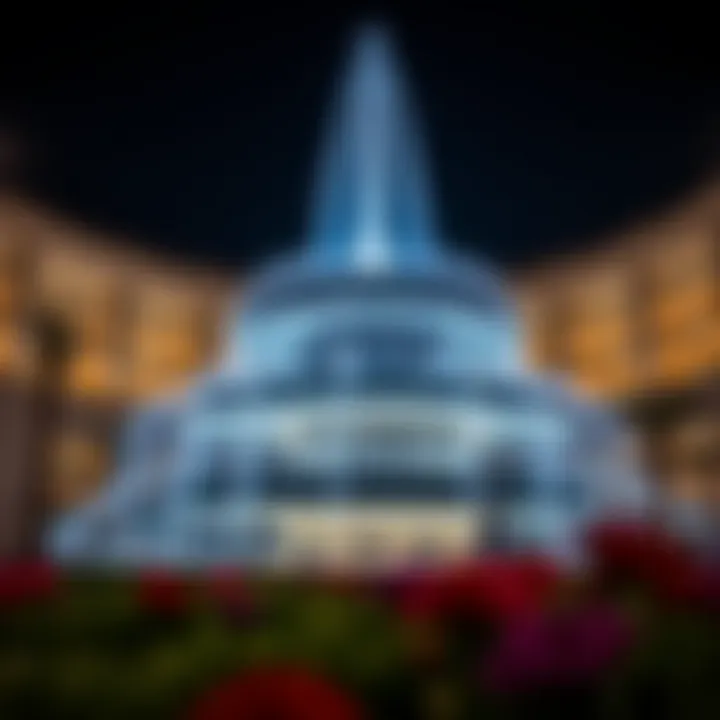 The Fontane illuminated at night, highlighting its significance in Dubai's cultural landscape.