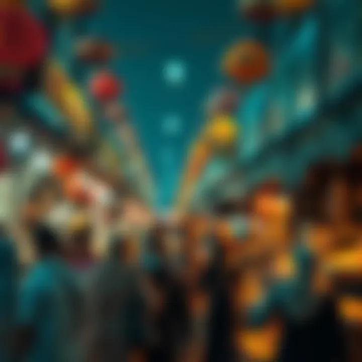 A bustling market scene during Eid with vibrant decorations