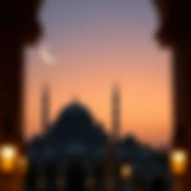 A Peaceful Ramadan Evening A serene evening scene with crescent moon and mosque silhouette