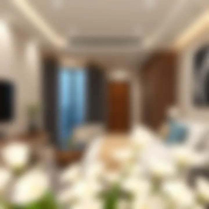 An elegant studio apartment interior design showcasing modern amenities