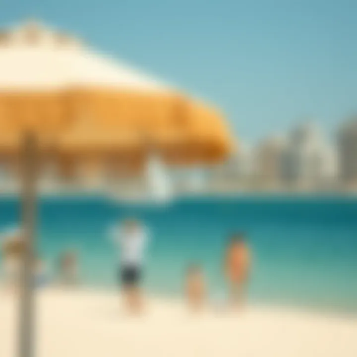 Tourists at Palm Jumeirah Beach Tourists enjoying the beach under clear blue skies in Palm Jumeirah
